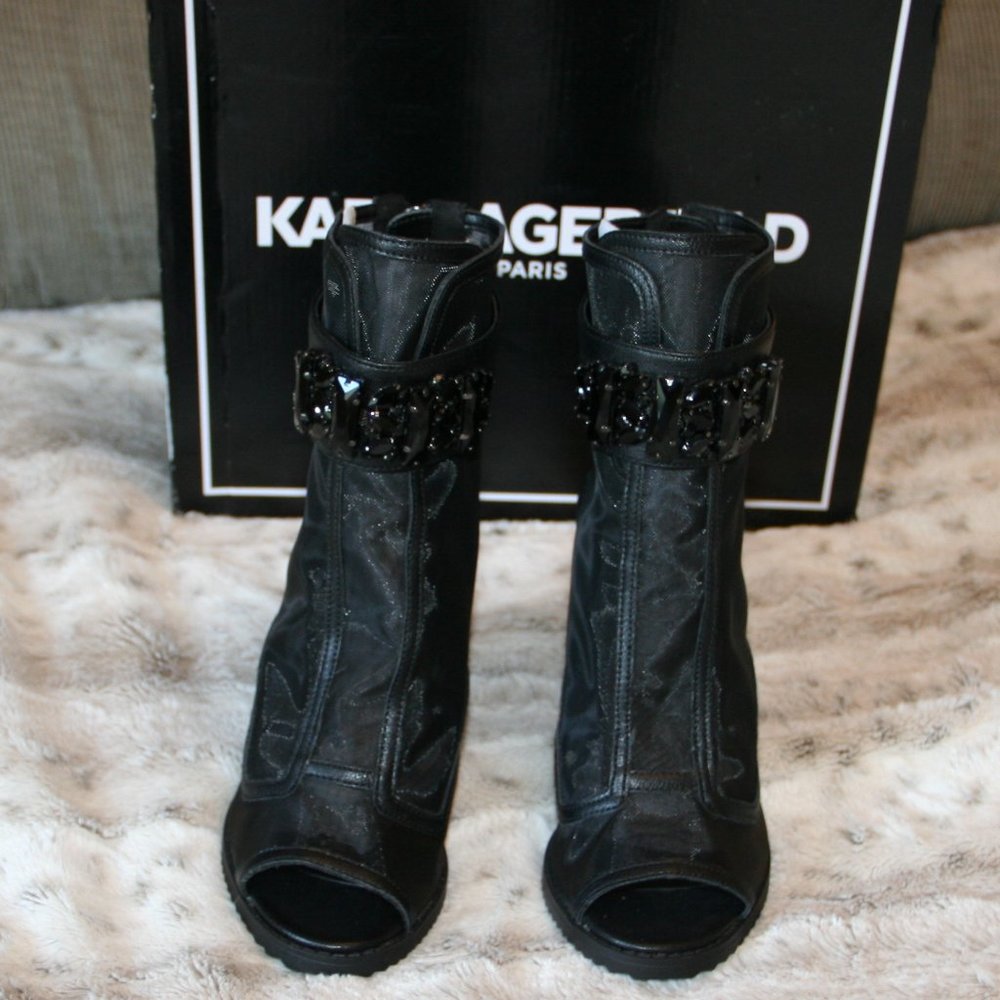 KARL LAGERFELD PARIS Blayze Embellished Ornament Strap Detail Peep Toe Shooties